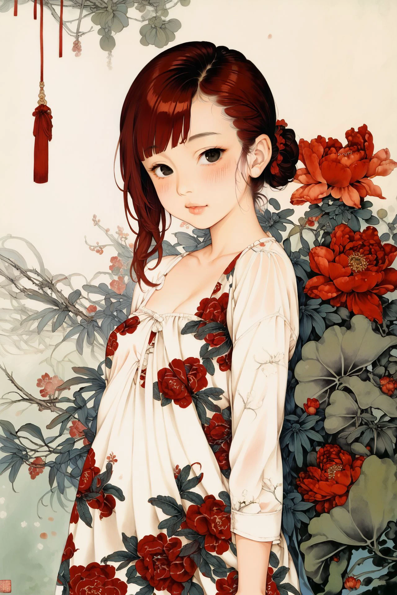 score_7_up, 1girl, solo, blush, looking at viewer, black eyes, asymmetrical_bangs, red hair, small breasts, floral_background,  <lora:gongbi_PonyXL_style_v01.10.10.02:1>