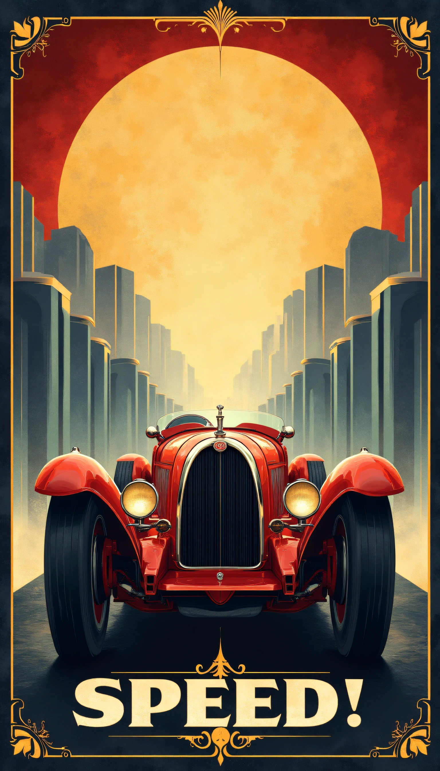 1930s Art Deco Vintage Movie poster Title:d "SPEED!". (((The text "Ars Machina" is visible on the bottom))). ArsMJStyle, ArtDecoVintageFuture style. Bugatti racing car