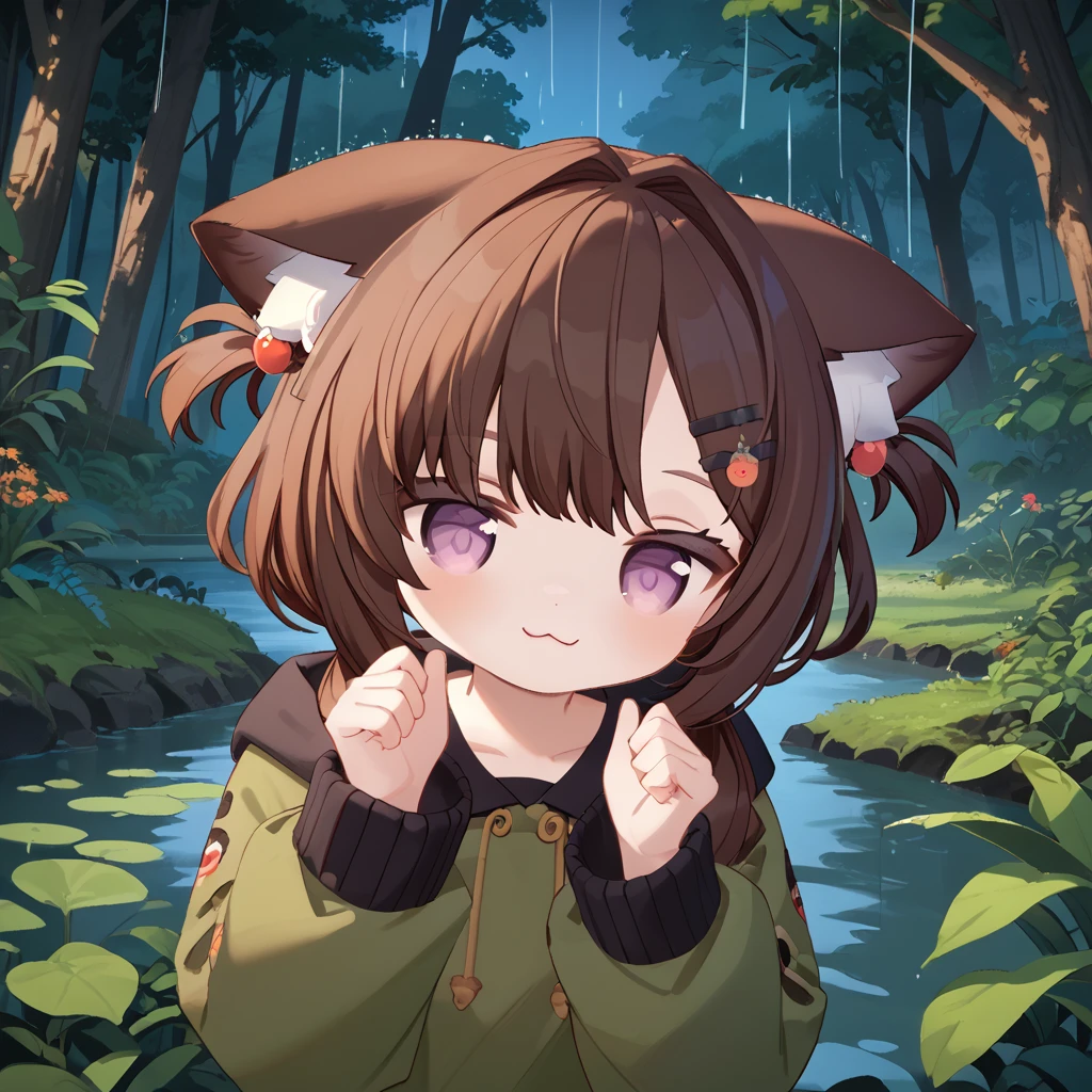 score_9, score_8_up, score_7_up,source_anime, 1girl, sn0w0inari, cute, brown hair, animal ears, hair ornament, twintails, animal ear fluff, short hair, purple eyes
,smug  :3 face, hands up, incredible background, lush rainforest, rain, near village, volumetric lighting, tyndall effect, masterpiece, daytime, perfect composition, forest background