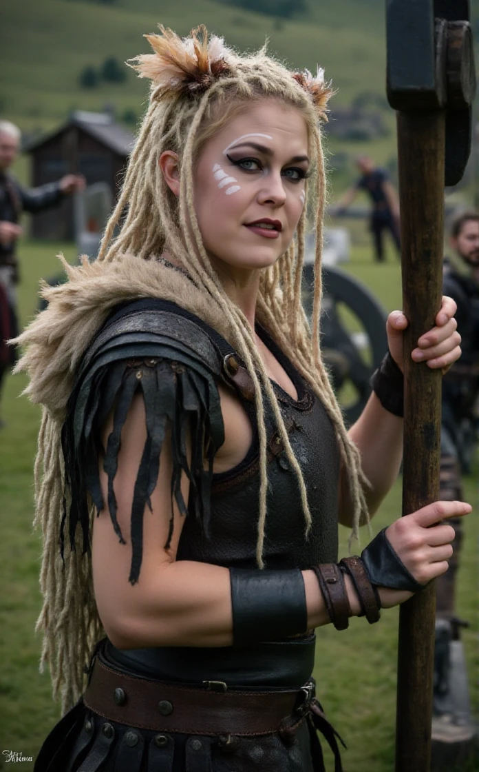 Mieze Musch-Musch is a woman viking warrior with face paint and feather hair ornement. She wears a leather light armor with straps and fur. She hold an axe in a medieval scenery  <lora:Mieze_Musch-Musch:0.9>