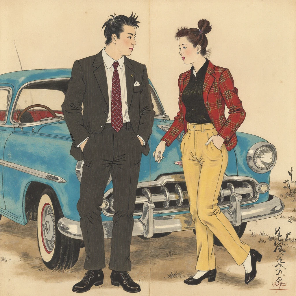 yamatostyle art. a stylish man in a suit and a confident woman leaning against a classic blue car, 