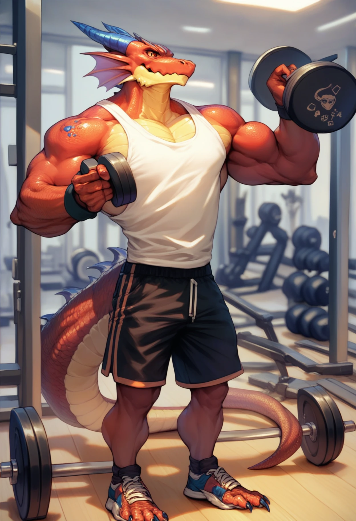 vwstyle, score_9, score_8_up, score_7_up, solo, 1boy, solo, dragon, muscular, lifting weights, gym, shorts, tanktop