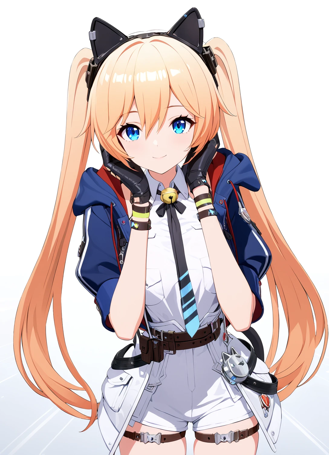 <lora:ç±³éªå¿_Michelle:1> michele_outfit, michele, white shirt, jacket, michele_jacket, white shorts, michele_white_shorts, cat head phone, cat neck ring, thigh strap, belt, gloves, twintail, (michele_tie:1.2), soft orange hair, tie, shackle, blue eyes, black fake cat tail, hair between eyes, michele_boots, boots,  look at viewer,, smile . white background, dynamic angle , soft color , shackle , standing , hands on cheek , full body, cute , masterpiece, best quality, 1girl, solo, cinematic, soft lighting, shine skin , light skin , 8k, ,best quality ,masterpiece, illustration, an extremely delicate and beautiful, extremely detailed ,CG ,unity ,8k wallpaper, Amazing, finely detail, masterpiece,best quality,official art,extremely detailed CG unity 8k wallpaper,absurdres, incredibly absurdres, huge filesize , ultra-detailed, highres, extremely detailed,beautiful detailed girl, extremely detailed eyes and face, beautiful detailed eyes,light on face,1girl