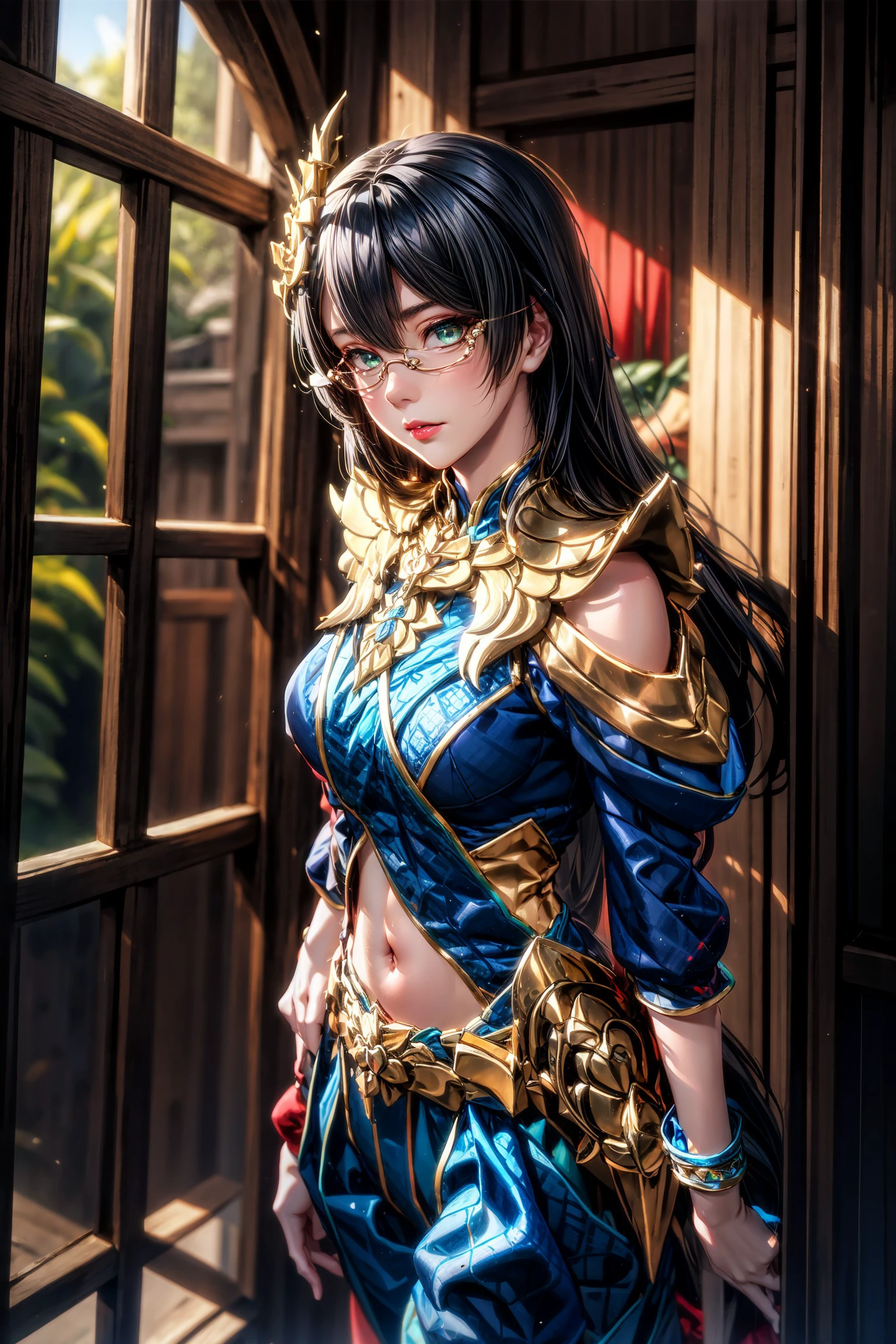 (masterpiece), best quality, expressive eyes, perfect face, outdoor, thee, mountain, forrest, day light, light, realistic, high heels, pantyhose, blue pants, pants, belt, navel cutout, navel, ring, bracelet, medium breasts, breasts, armor, jewelry, clothing cutout, blue dress, dress, shoulder armor, closed mouth, red lips, parted lips, lips, round eyewear, glasses, eyelashes, green eyes, looking at viewer, bangs, hair ornament, black hair, long hair, solo, 1girl, Veres Siamnaga, standing, , <lora:Veres_Siamnaga_AoV_Model_LoRA:0.8>, <lora:more_details:0.7>