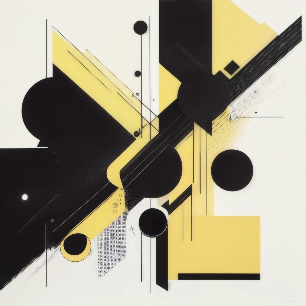 Create a dynamic poster with a bold yellow background, featuring black geometric shapes and lines in the style of Suprematism. Emphasize abstract forms such as sharp, angular lines, intersecting in dynamic, diagonal patterns, with floating circular and rectangular shapes. The contrast between the stark black forms and the vibrant yellow background should evoke energy and modernity. Keep the composition asymmetrical, with a focus on movement and balance, utilizing negative space to enhance visual impact. The texture should remain flat and matte, emphasizing the clean, minimalistic aesthetic of geometric purity