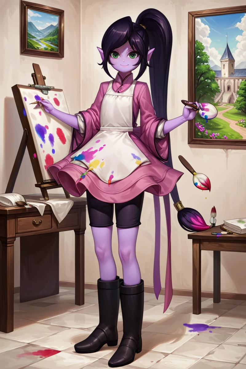 score_9_up, score_8_up, abigaillora, solo, elf, purple skin, black hair, green eyes, eyelashes, smile, standing, full body, clothing, looking at viewer, holding object, dress, aprin, black boots, museum, detailed background, painting <lora:Abigail_2:1>, paintbrush