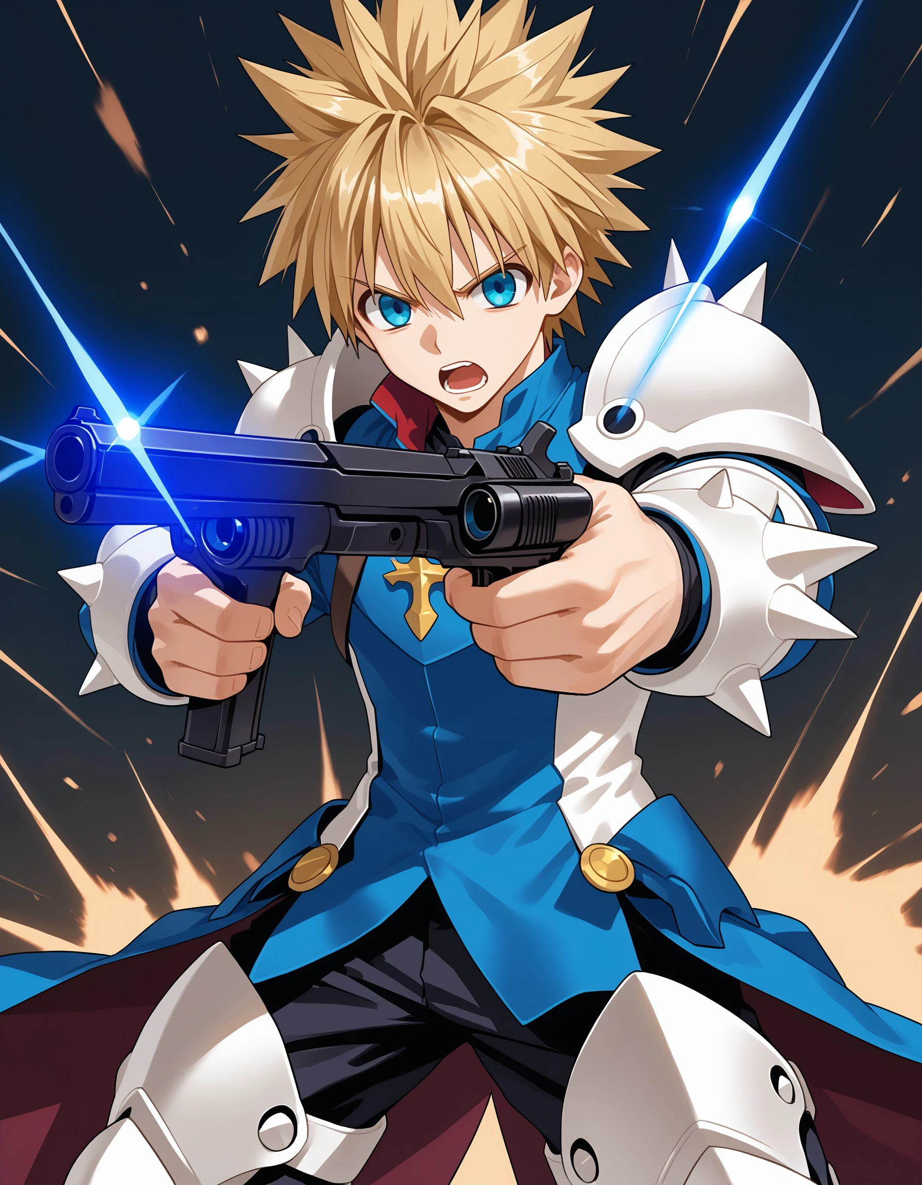 (masterpiece), best quality, expressive eyes, perfect face, chungs, solo, open mouth, blue eyes, blonde hair, 1boy, holding, weapon, male focus, armor, gun, spiked hair, handgun, dual wielding, <lora:0d91c3ed-7ac8-4456-92cb-8f528783116d:0.7>