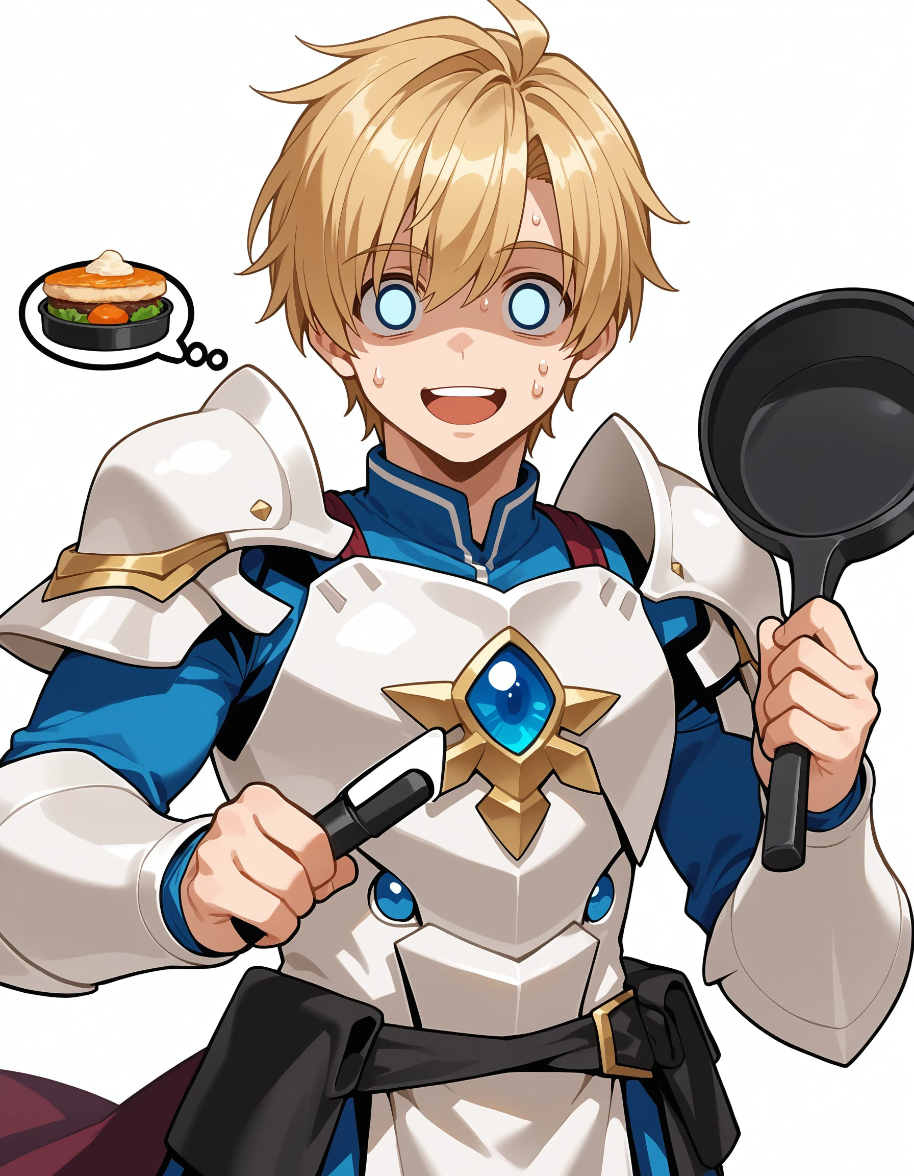 (masterpiece), best quality, expressive eyes, perfect face, chungs, solo, smile, open mouth, blonde hair, 1boy, white background, male focus, sweat, food,  armor, shaded face, gameplay mechanics, frying pan, <lora:0d91c3ed-7ac8-4456-92cb-8f528783116d:0.7>