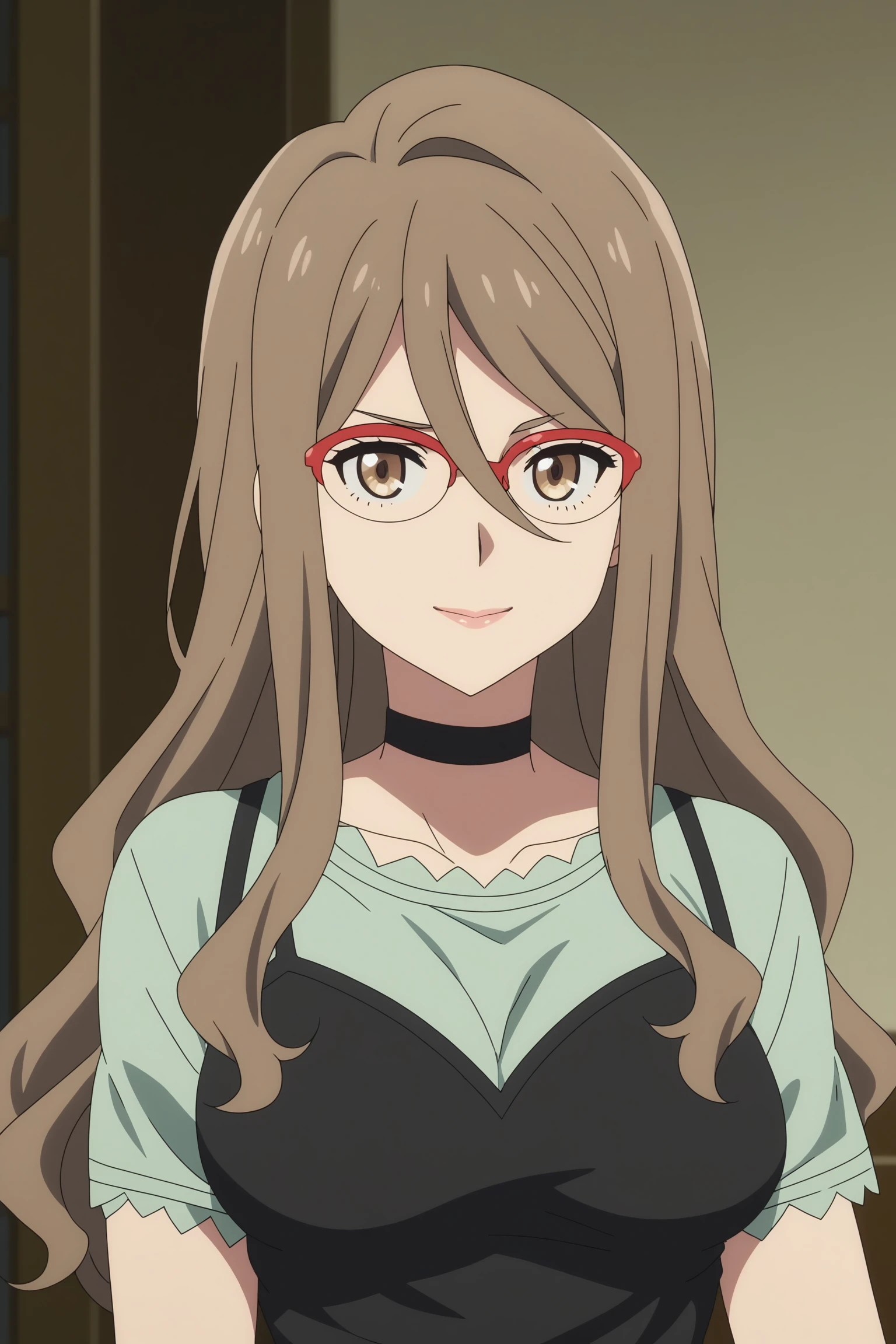 nakahara mizuki, brown hair, long hair, hair between eyes, sidelocks, red-framed eyewear, brown eyes, choker, green shirt, short sleeves, frilled sleeves end, black camisole, frilled camisole, wristwatch, grey skirt, pencil skirt, black pantyhose, black footwear, high heels, <lora:Mizuki_Nakahara:0.8>, score_9, score_8_up, score_7_up, score_6_up, score_5_up, source_anime, rating_safe, medium breasts, indoors, living room, 1girl, solo, looking at viewer, <lora:age_slider_v4:2>, (upper body:1.2), (anime screencap:1.5)