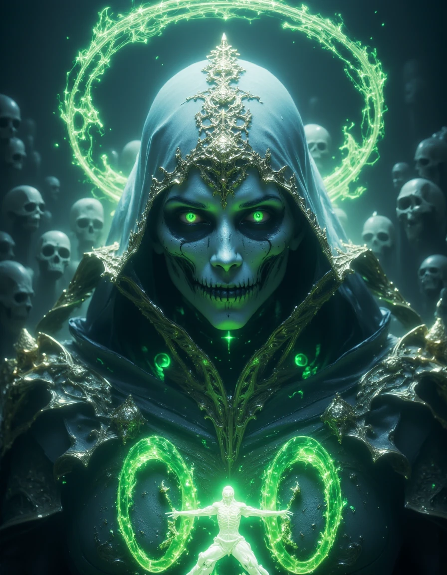 A cinematic shot of a beautiful and evil hooded female necromancer, beautiful face features and white long hair, wearing skull armor, summoning green glowing skeletons around her, holding a green skull staff, glowing skulls, magical effects, cemetary in background, hkdeath, fsstyle<lora:LivingDeathFlux-000001:0.85> <lora:fsstyle:0.85>