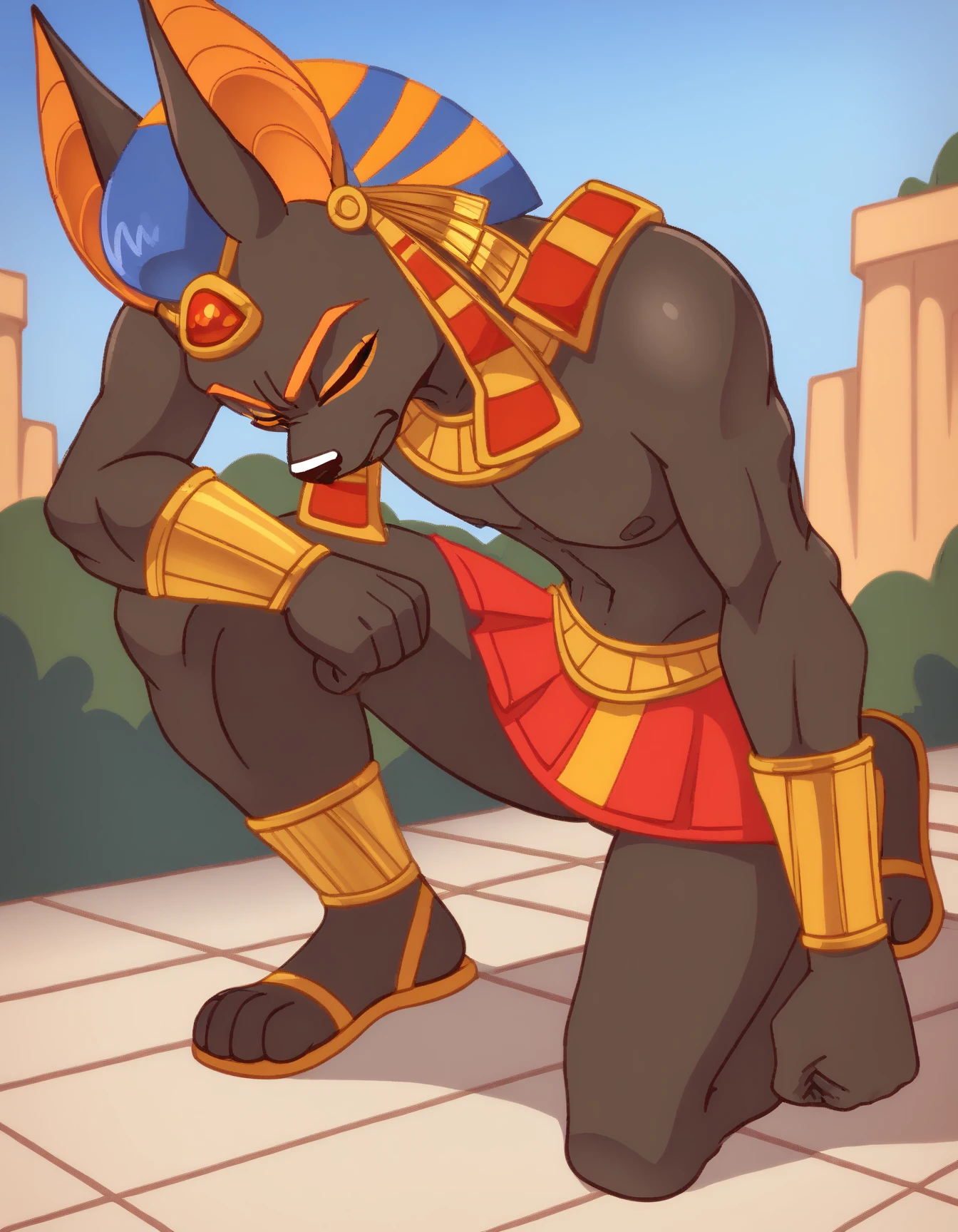 score_9, score_8_up, score_7_up, score_6_up, score_5_up, score_4_up
Anubis, brown fur, orange eyebrows, on one knee, naked torso, full body, looking down, clenched hands, hand on ground, arm on knee, outside, land, closed eyes <lora:IKneel_pdxl_Incrs_v1:1>, red egyptian skirt
<lora:Anubis_XL:0.9>