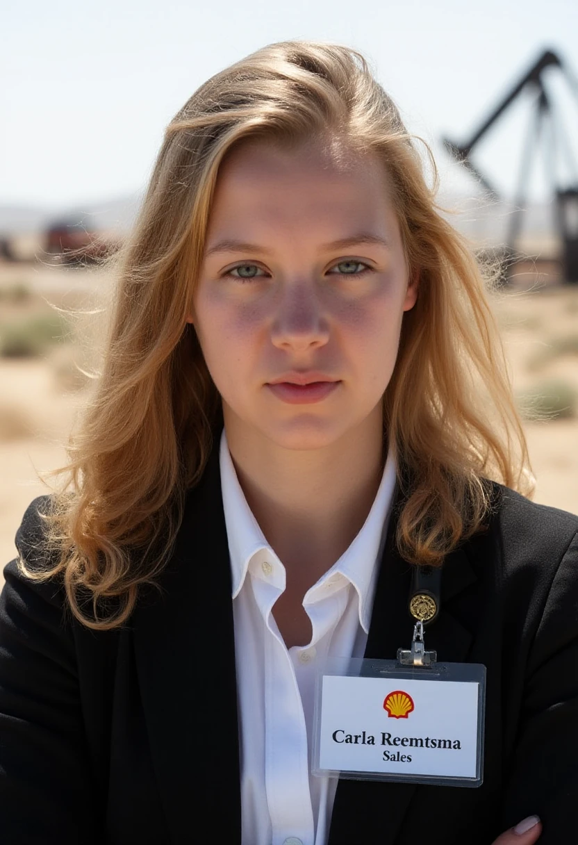 A medium shot of creemtsma, a young woman. She has long blonde hair that is blowing in the wind. She has a very serious expression on her face. She is wearing black mascara eye makeup and subtle red lipstick and golden earrings. She is wearing a white business shirt and a professional black business suit. A white ID badge with black text \"Carla Reemtsma, Sales\" and a Shell oil company logo on it is clipped to the jacket. The background shows an oil field in the desert drilling for oil. Sunlight is shining onto her face and upper body.