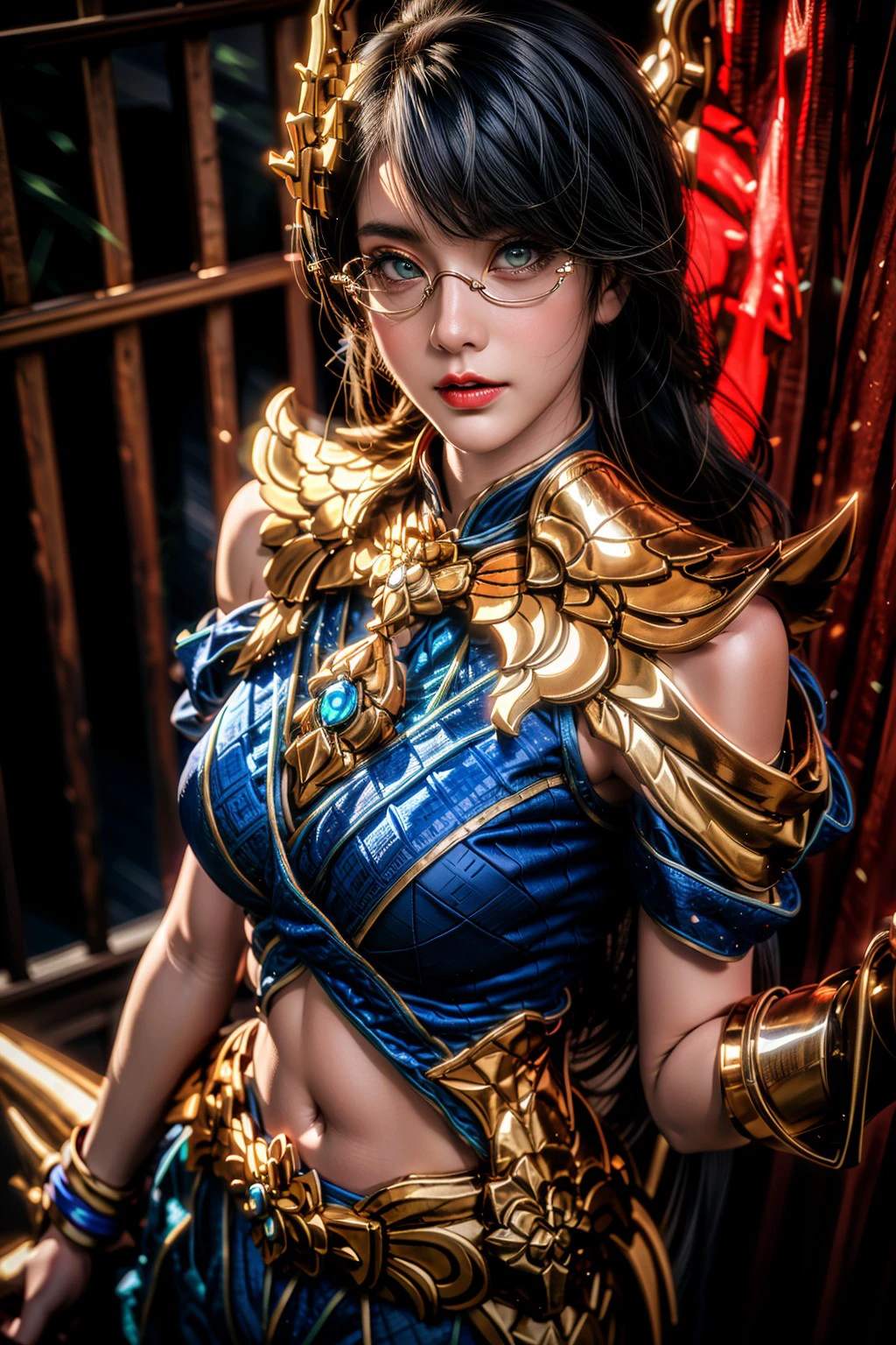 (masterpiece), best quality, expressive eyes, perfect face, outdoor, thee, mountain, forrest, day light, light, realistic, high heels, pantyhose, blue pants, pants, belt, navel cutout, navel, ring, bracelet, medium breasts, breasts, armor, jewelry, clothing cutout, blue dress, dress, shoulder armor, closed mouth, red lips, parted lips, lips, round eyewear, glasses, eyelashes, green eyes, looking at viewer, bangs, hair ornament, black hair, long hair, solo, 1girl, Veres Siamnaga, standing, , <lora:Veres_Siamnaga_AoV_Model_LoRA:0.8>, <lora:more_details:0.7>