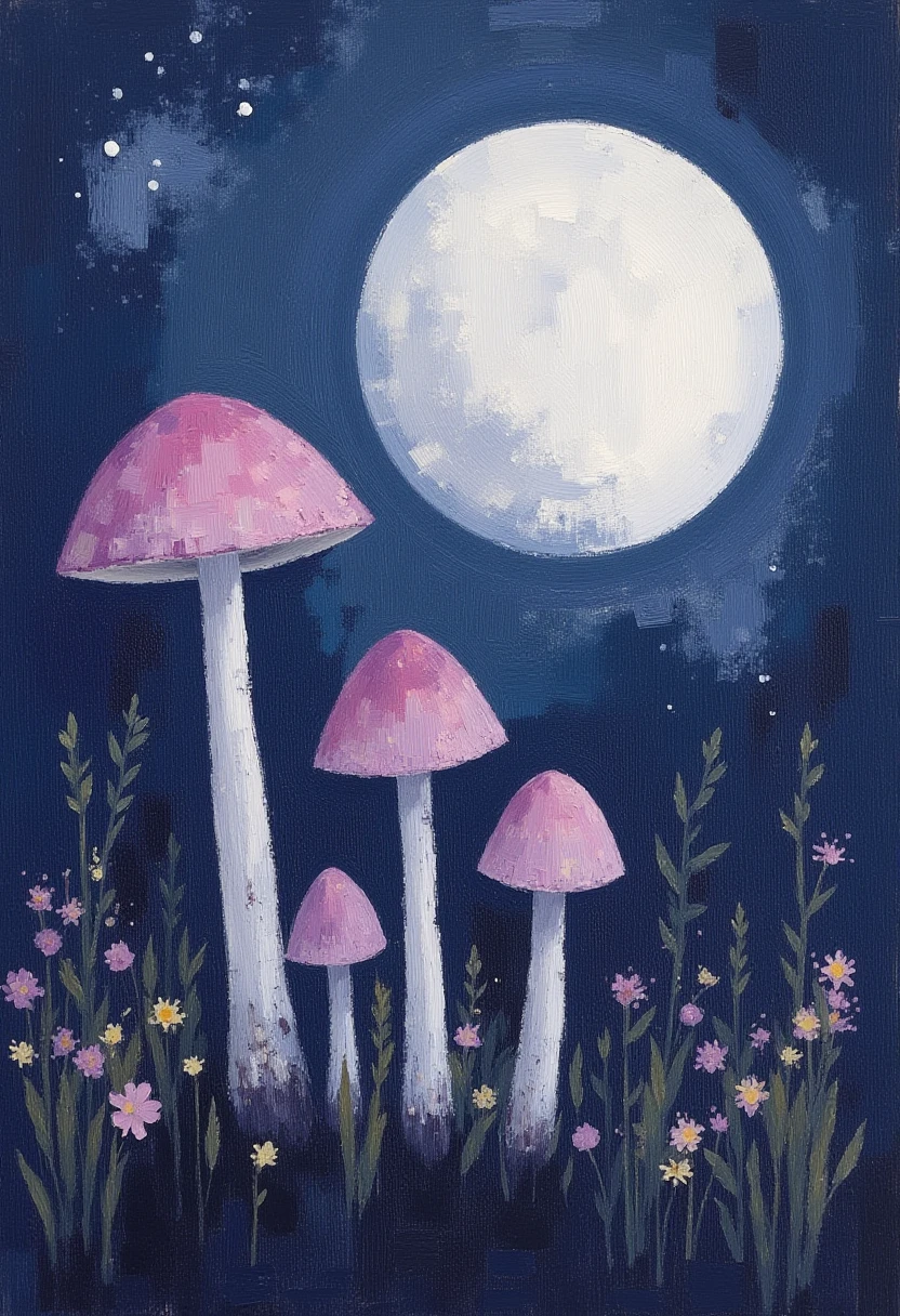 magic mushrooms in the moonlight novuschroma style dry brush painting