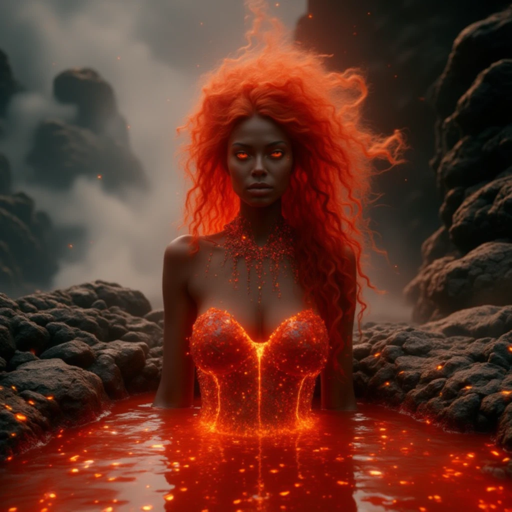 a woman with red melted lava skin, burning orange glow in her deep fiery eyes, and red hair with tints of grey smoke and burning orange embers as hair, she has a dress made of burning pebbles melting away, and she is bathing in a pool of melted red lava, the scene is filled with a red hues and a grey burning smoke that covers the background, a  magical glowing aura around her that surrounds the atmosphere and her figure, colors in the scene are : shades of red grey, orange and white