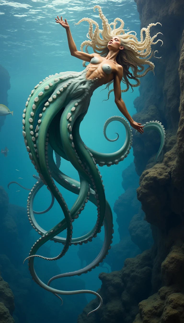 A realistic photo of a cephalopod woman with Cream hair and Sienna skin. The Cephalyra is stuck in an aquarium, but tries to escape by climbing over the edge. The Cephalyra´s tentacles are of the color Turquoise fading into the color Aqua_blue.