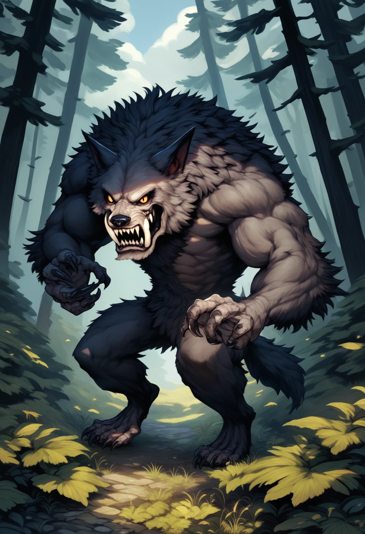 vwstyle, safe_pos, score_9, score_8_up, score_7_up, 1boy, solo, werewolf, muscular, large fangs, forest, cloudy sky