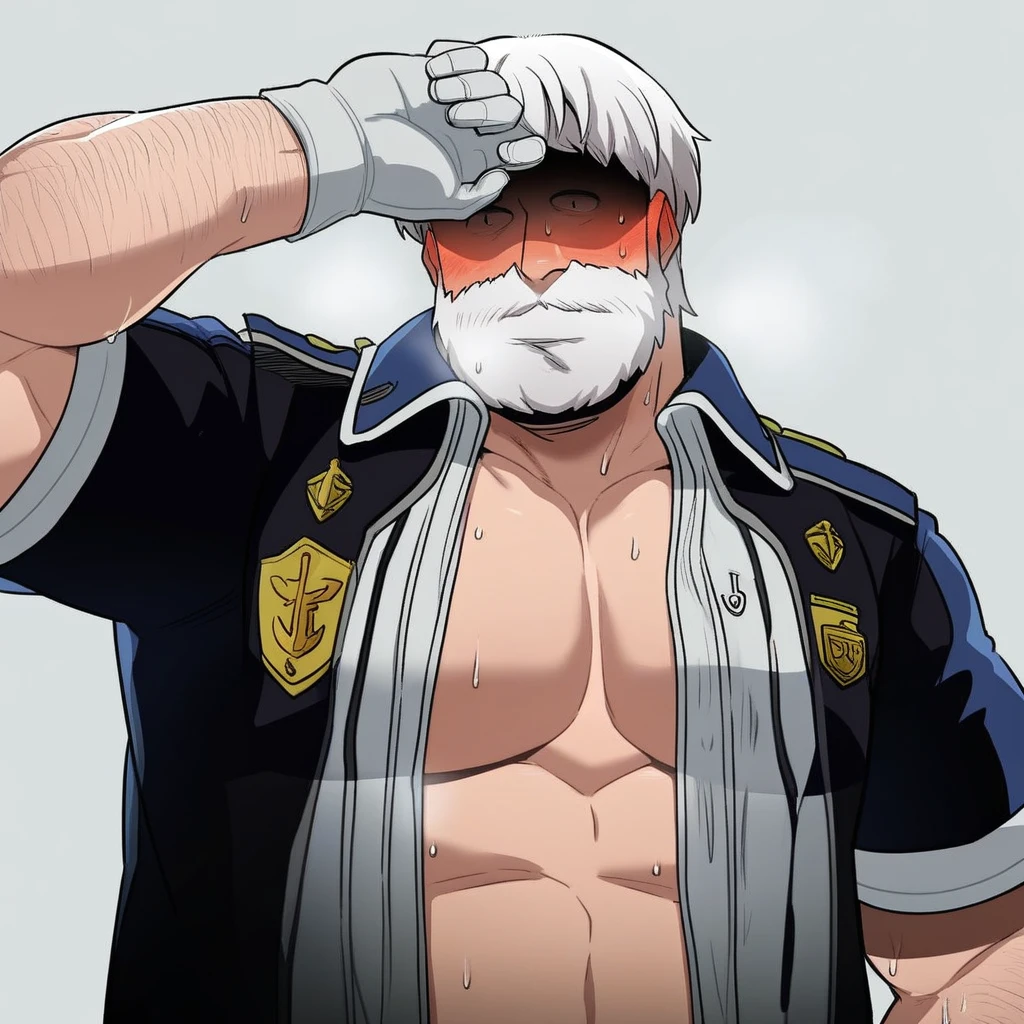 gloves, pectorals, anime, simple background, 1boy, short hair, looking at viewer, solo, arm hair, open clothes, muscular, blush, beard, mature male, sweat, shaded face, uniform