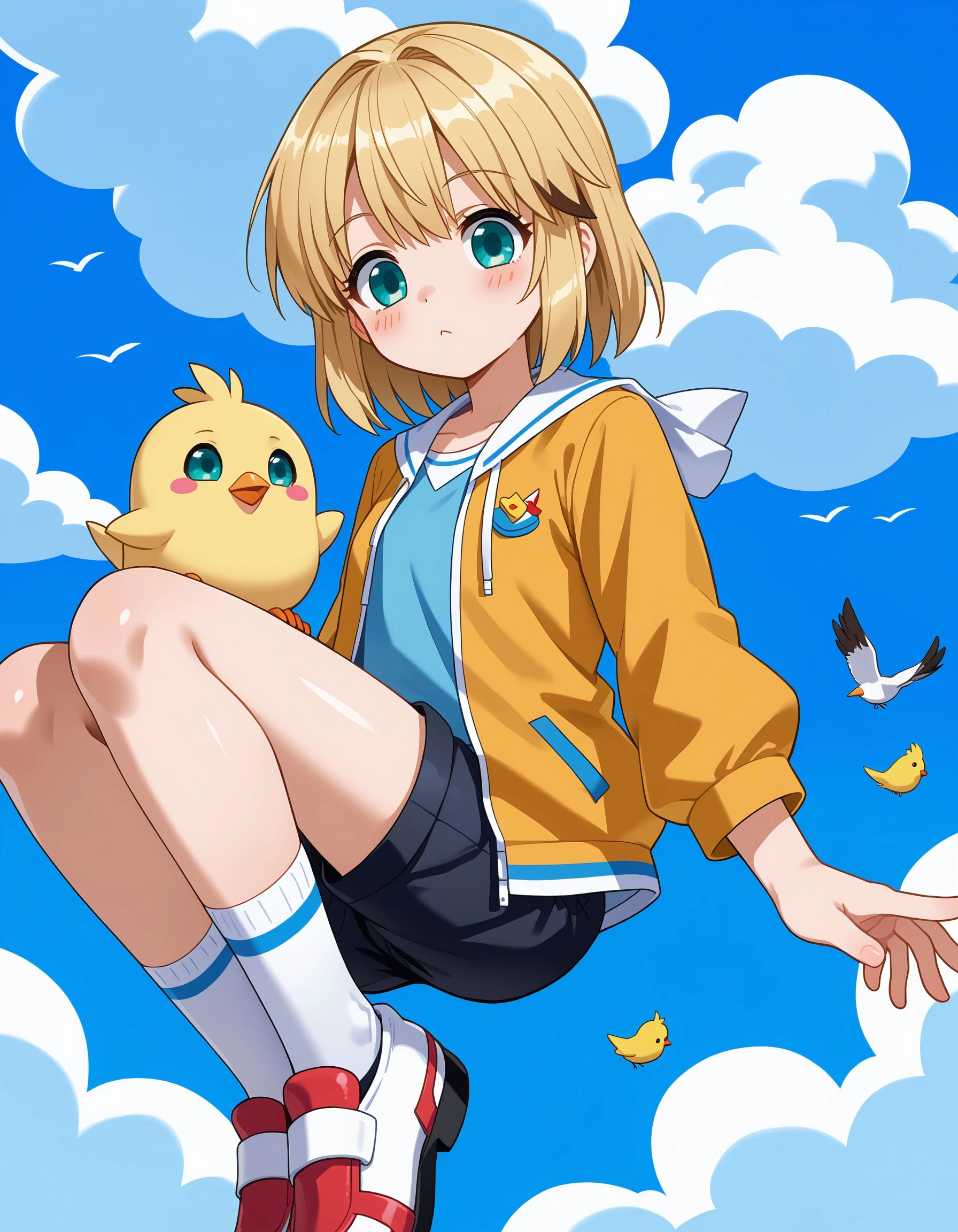 (masterpiece), best quality, expressive eyes, perfect face, chungs, solo, blonde hair, blue eyes, shoes, shorts, socks, cloud, aqua eyes, bird, blush stickers, personification, chick, <lora:0d91c3ed-7ac8-4456-92cb-8f528783116d:0.7>