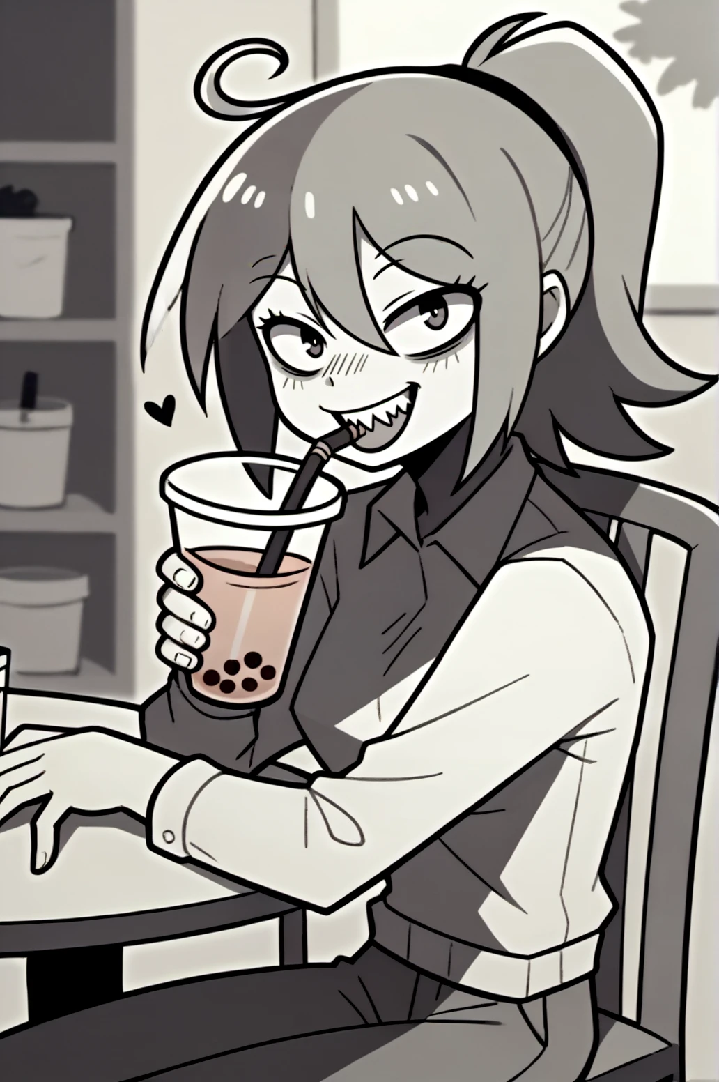 score_9, score_8_up, score_7_up, monochrome, manga_source, best background, detailed background, manga, greyscale  Lana, ahoge, collared shirt, drinking, bubble tea, sharp teeth, solo, teeth, naughty face, solo, horny, cowboy shot, indoors, drinking, bubble tea, sitting, chair,   <lora:JN_Lana:0.8>