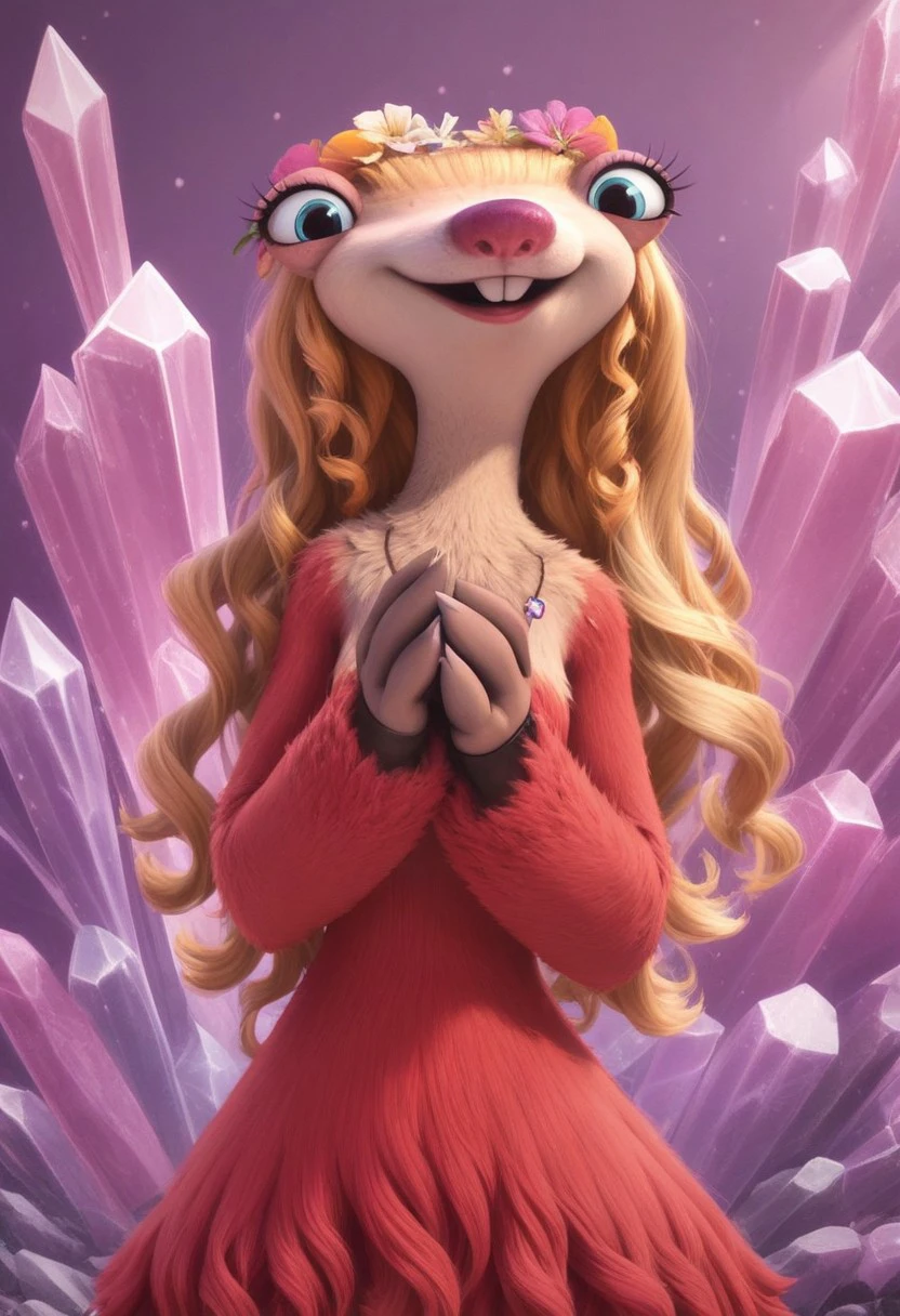 furry, anthro, female sloth, ground sloth, blue eyes, blonde hair, long wavy hair, red fur, red fur dress, blonde fur on upper body, two-toned fur, pink nose, buckteeth, hair ornament, white claws, no ear, score_9, score_8_up, score_7_up, BREAK, 1girl, solo, looking at viewer, cute, from below, joined hands, female focus, looking at viewer, pink crystal background, detailed background, 4k, masterpiece, best quality, highly detailed, realistic, cowboy shot