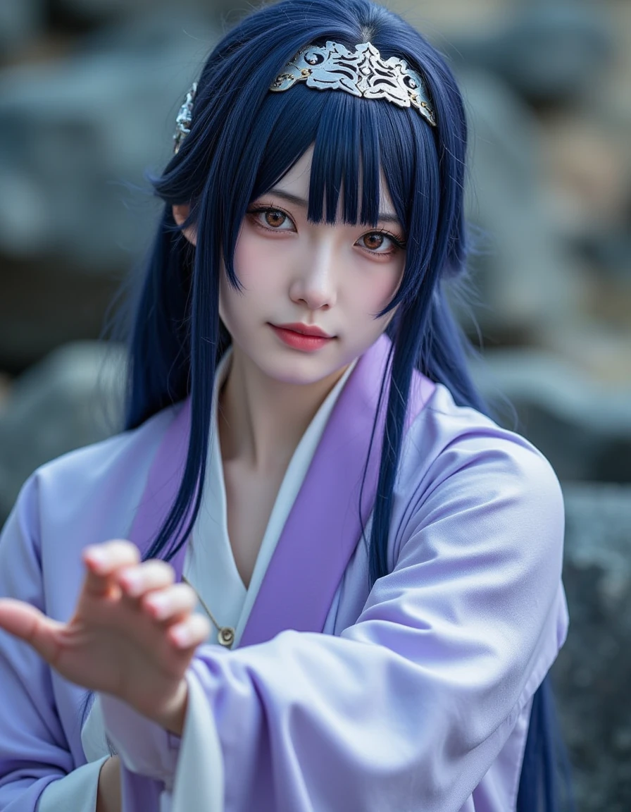 ggasia11k cosplay concept, Cinematic photography of a realistic woman cosplaying as a fierce yet gentle warrior with long, dark blue hair and a soft but determined expression, embodying the spirit of Hinata Hyuga. She wears a traditional lavender-and-white ninja outfit adorned with intricate designs, reflecting both elegance and strength. Her headband, representing her clan, sits snugly on her forehead, framing her face and accentuating her large, expressive eyes, which shimmer with a subtle depth of emotion. 
The scene captures her in a fluid motion, as if sheâs gracefully dodging an incoming attack, creating a sense of dynamic movement in the image. Her hand is positioned as if ready to unleash a gentle but powerful jutsu, showcasing her mastery of the art while embodying her nurturing nature.    <lora:cosplay_flux_V1:0.8>