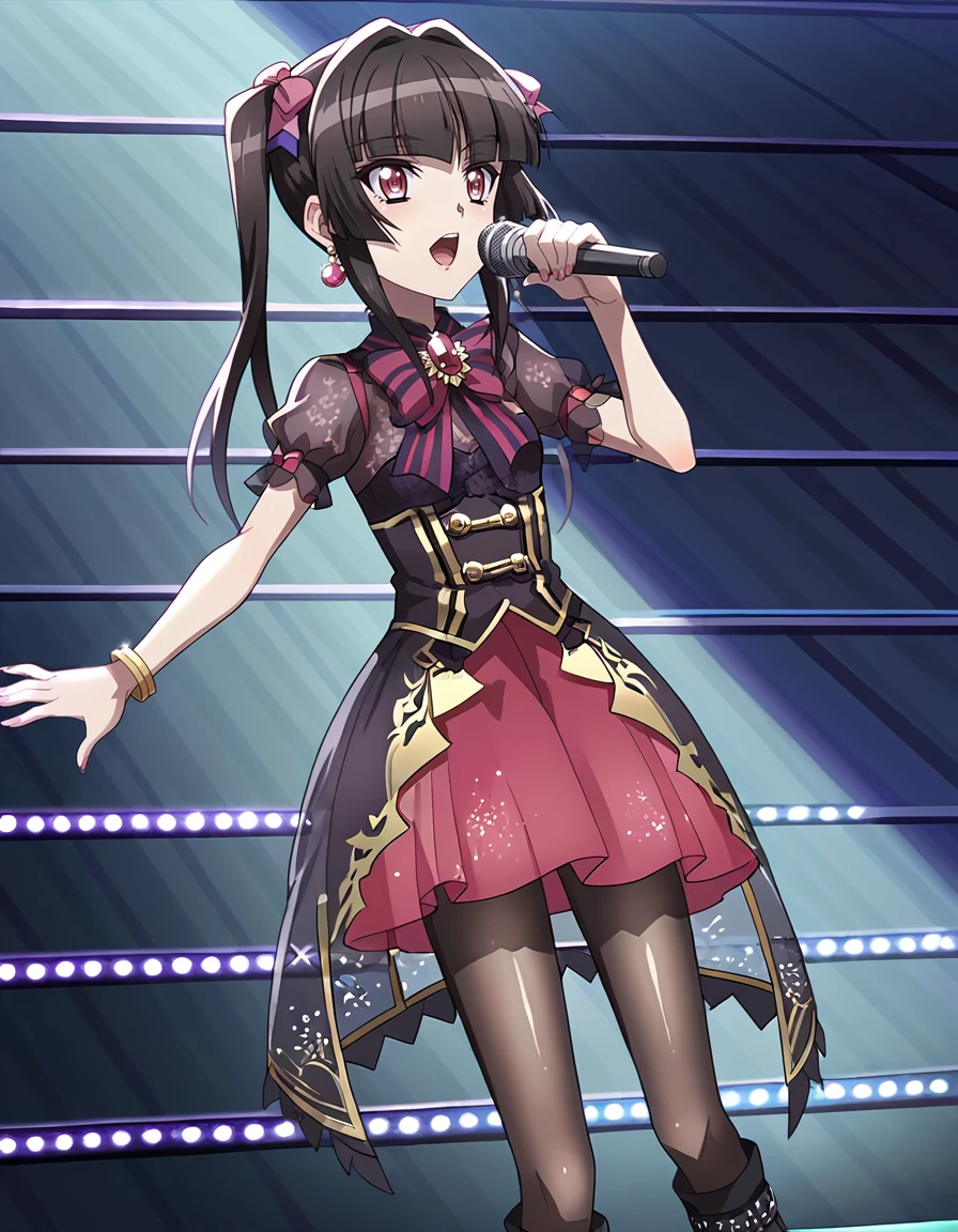 score_9, score_8_up, score_7_up, score_6_up,, score_5_up, BREAK, source_anime, anime screencap, idol, brooch, see-through, shirabe, pigtails, sheer pantyhose, platform boots, bracelet, earrings, microphone, singing,  stage steps, screens, cowboy shot, dutch angle, <lora:AXZ-Shirabe:1>