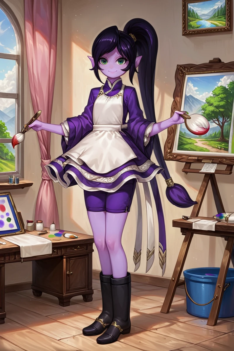 score_9_up, score_8_up, abigaillora, solo, elf, purple skin, black hair, green eyes, eyelashes, smile, standing, full body, clothing, looking at viewer, holding object, dress, aprin, black boots, museum, detailed background, painting <lora:Abigail_2:1>, paintbrush