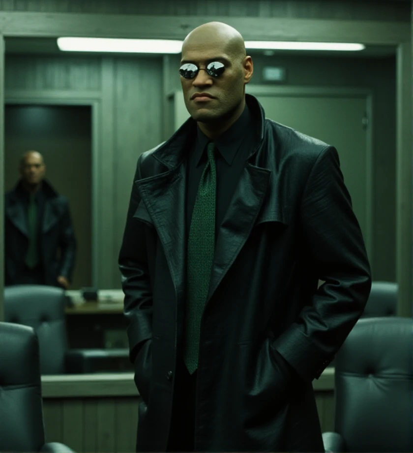 bokeh,  portrait photo, <lora:morpheus-flux-m0rf3:1.3> m0rf3  wears a long black suit with an armored jacket and mirrored sunglasses. The setting is an interrogation room, with metal chairs and a large one-way mirror reflecting behind him