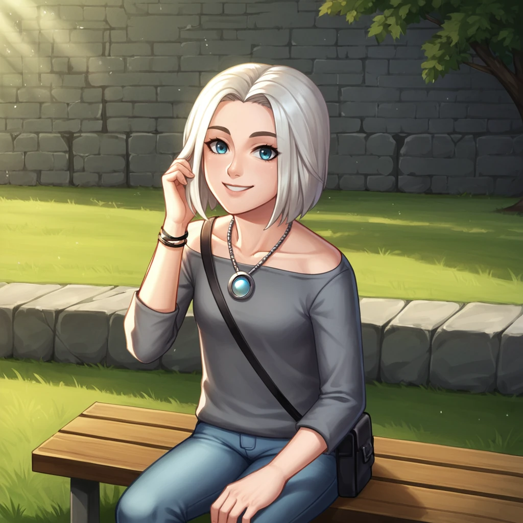 score_9, score_8_up, score_7_up, source_anime, BREAK
outdoors, grass, tree, stone bench, stone wall, shadow, dappled sunlight,
<lora:ChiaraLoboscaXL:0.72>, chiaralobosca, 1girl, solo, looking at viewer, smile, jeans, bag, grey shirt, necklace, pendant, hand in own hair, sitting, necklace, pendant,