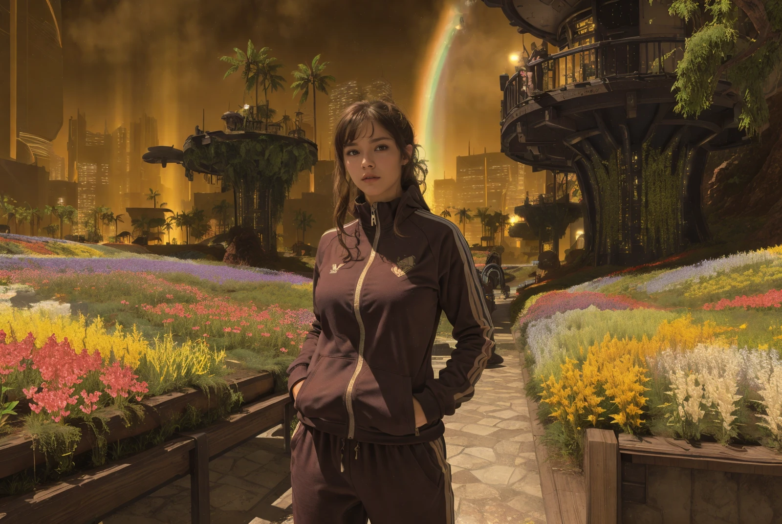 1girl, women, (she is wearing tracksuit:1.3), Overhead camera, sharp focus, handsome, plump legs, skinny, professional lighting, rendered eyes, tall body, adult woman, hair ornament, instagram most viewed, official wallpaper, official art, (japanese idol), building, ((photorealistic painting art by midjourney and greg rutkowski)), BREAK (bangs, medium wavy hair, brown hair, standing), (LivingMemory, landscape, flower field, aircraft, fantasy, grass, rainbow, outdoor:1.3), <lora:LivingMemory:0.8>,