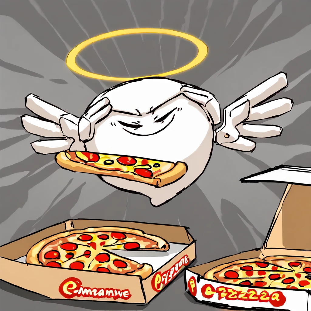 <lora:02_v2:1> 02fakeface, black eyes, smile, halo, wings
 <lora:ManLevitatingPizzaMeme_pdxl_Incrs_v1:1> ManLevitatingPizzaMeme, pizza, pizza box, pizza slice, eyes closed