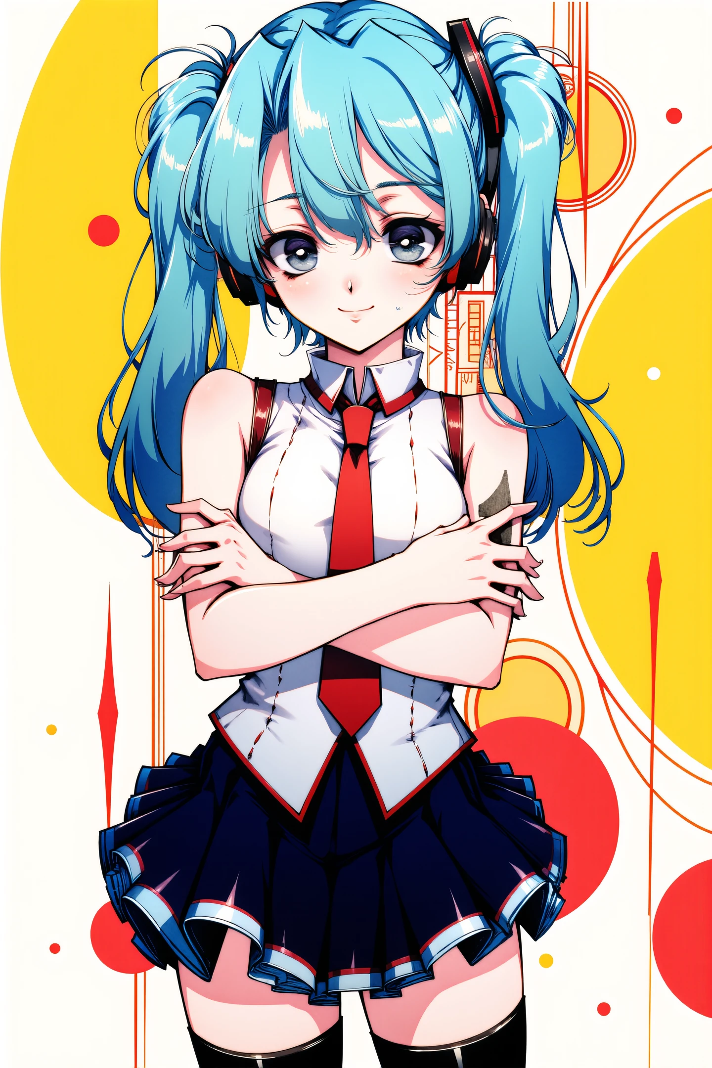 1girl,hatsune miku,solo,twintails,thighhighs,long hair,necktie,skirt,crossed arms,detached sleeves,smile,looking at viewer,pleated skirt,black thighhighs,tattoo,headphones,red necktie,aqua hair,shirt,zettai ryouiki,cowboy shot,blue hair,closed mouth,
The background features abstract geometric shapes in bright colors, including yellow, red, and black, with circular patterns and lines that add a dynamic, futuristic feel.
<lora:Old Fashioned Celluloid_FLUX:1>,