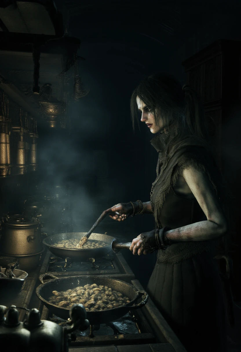 <lora:Bloodborne_Style_FLUX:1.2> bbstyle, horror theme,  a woman cooking food in the kitchen