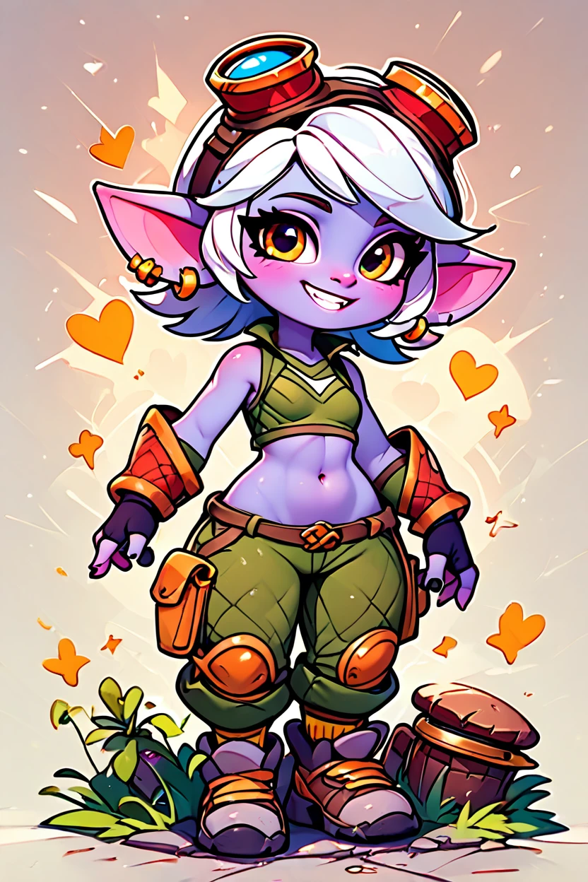 score_9, score_8_up, score_8, medium breasts, (curvy), cute, eyelashes,       BREAK, ,  zztristana, navel, goggles, goggles on head, small breasts, teeth, bare shoulders, white hair, earrings, pants,  <lora:Tristana_PDXL:0.8>, BREAK, socks, big shoes, smile, looking at viewer, cowboy shot, embedding:zPDXL, Expressiveh, <lora:CuteToonPDXL:0.8>,  <lora:SDXLFaeTastic2400:0.5>,  <lora:Expressive_H-000001:0.4>,