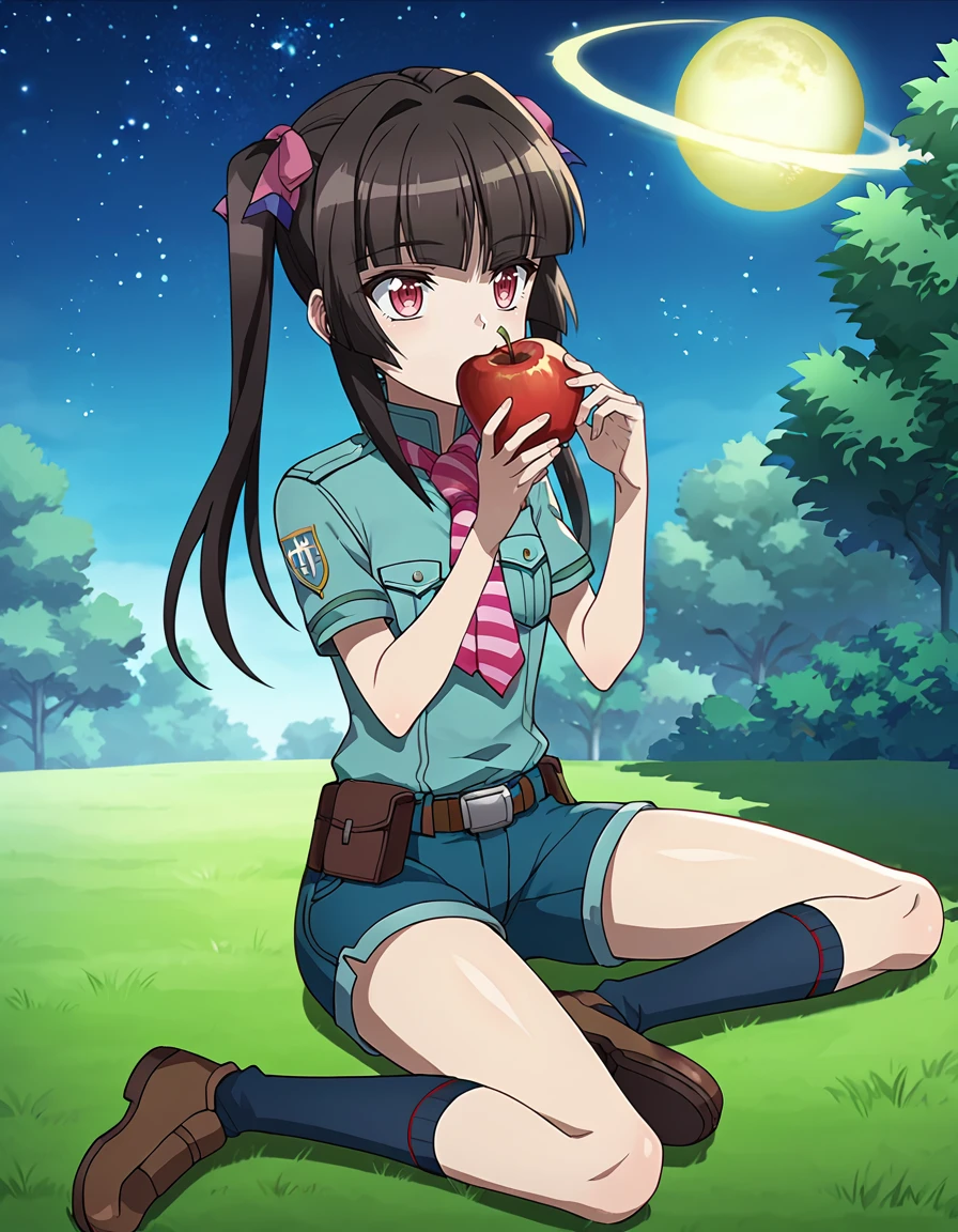 score_9, score_8_up, score_7_up, score_6_up,, score_5_up, BREAK, source_anime, anime screencap, uniform, shirabe, navy shorts, striped tie, pigtails, navy socks, brown shoes, eating a apple, holding apple, apple garden, sitting on ground,  looking up,  leaning back, arm support, night, starry sky, moon, <lora:AXZ-Shirabe:0.9>