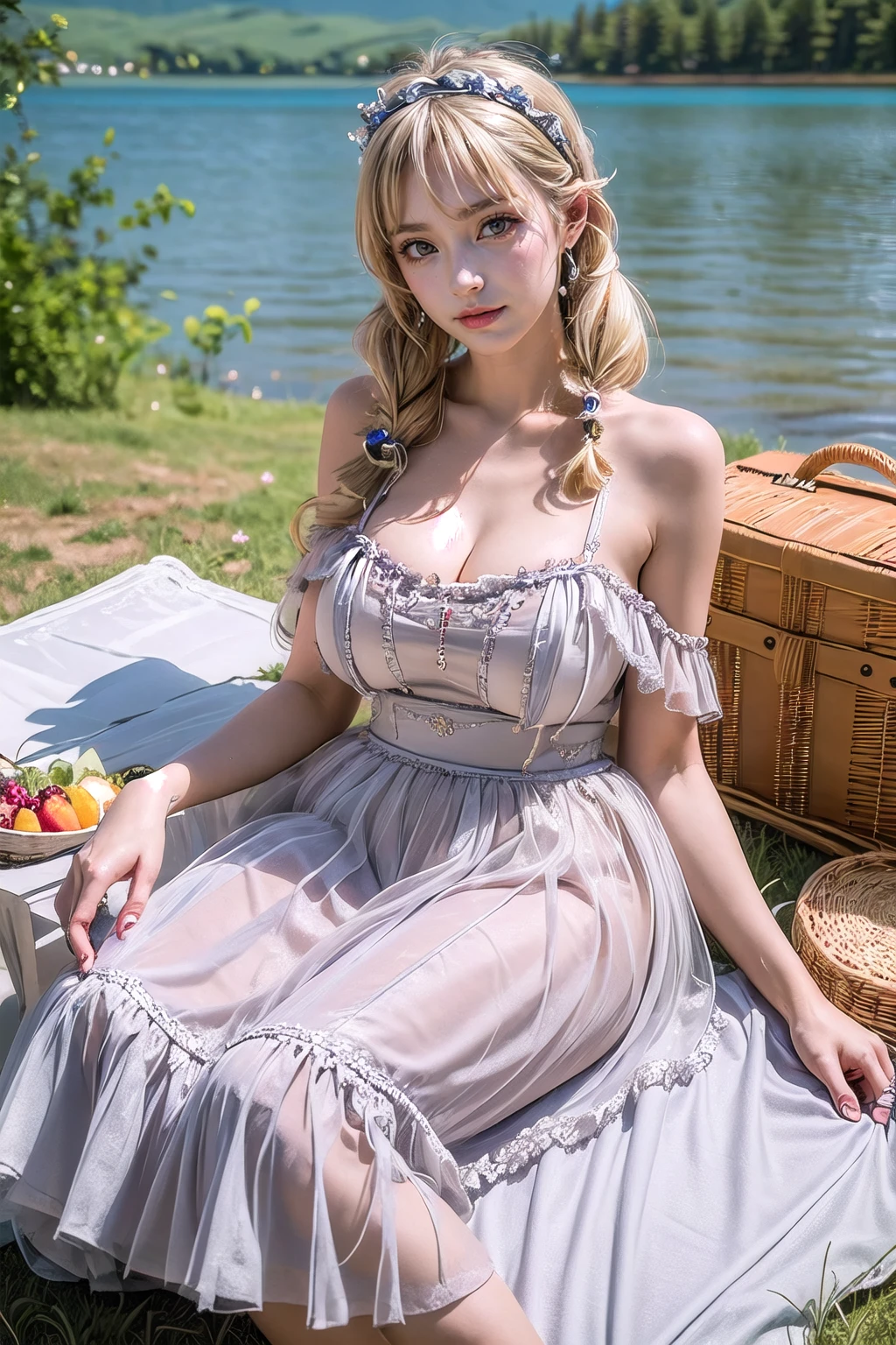 (masterpiece, best quality:1.2),illustration,8k,hd,1 girl,blonde hair,very long hair,solo,(collarbone:1.2),looking at viewer,twintails,
picnic,white dress,jewelry,earrings,hairband,frills,big breasts,outdoors,(day, lake:1.5),extremely detailed dress,crystalstexture skin,front view,