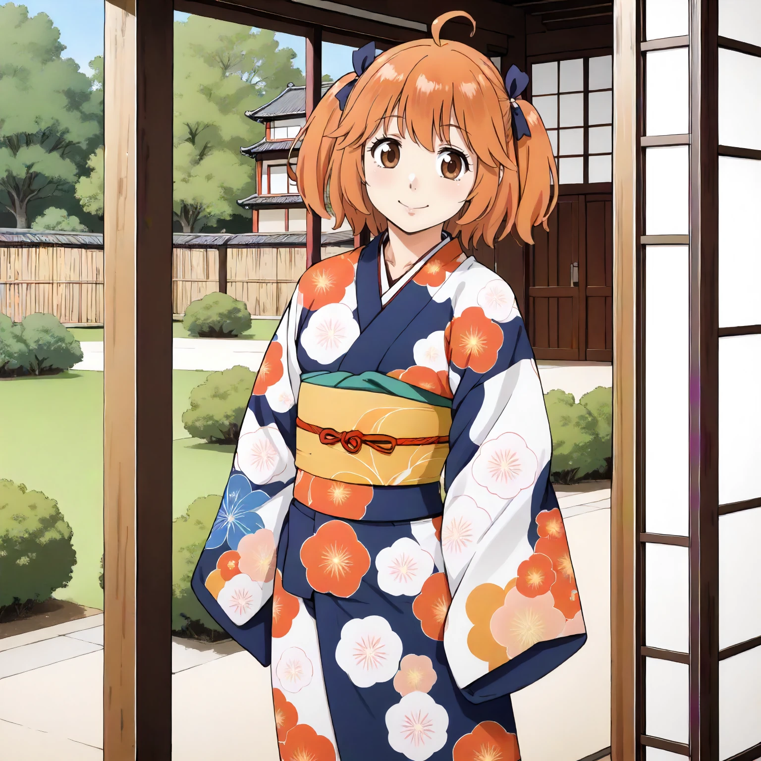 <lora:HiNO_MoeAshiharaXLpony002>,
outdoors,
smile,
solo,
MoeAshihara,1girl,orange hair,ahoge,two-side up,hair bow,brown eyes,
standing,
print_kimono,