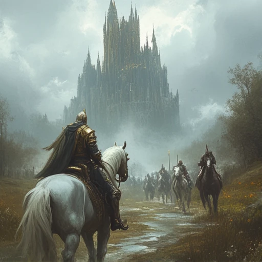 fantstyle, This is a digital painting in a fantasy art style, depicting a dramatic scene of a knight and his entourage riding through a misty, mystical landscape towards a towering, ancient castle. The knight, in the foreground, is clad in ornate, silver armor adorned with intricate patterns and a helmet with a stylized, pointed crest. He rides a majestic, white horse with a flowing mane and tail, which appears to be splattered with mud or dirt.