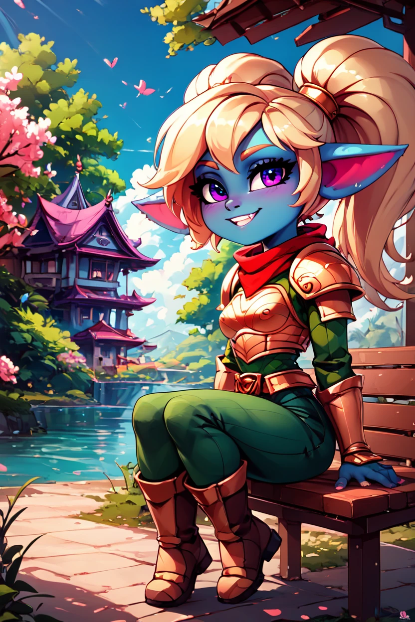 score_9, score_8_up, score_8, medium breasts, (curvy), cute, eyelashes,       BREAK, , zzPoppy, purple eyes, blonde hair, twintails, blue skin, golden armor, red scarf, green snakeskin shirt, green snakeskin pants, brown boots, <lora:Poppy_PDXL_v1:0.8>, , BREAK, sitting on bench, side view, smile, looking at viewer, cowboy shot,  ,,, BREAK, pnkBldng, sky, day, cloud, tree, blue sky, building, architecture, east asian architecture,  ,,, BREAK, embedding:zPDXL, Expressiveh,  ,,, <lora:PinkBuildingsPDXL_v2:0.6>, <lora:SDXLFaeTastic2400:0.5>, <lora:Expressive_H-000001:0.4>