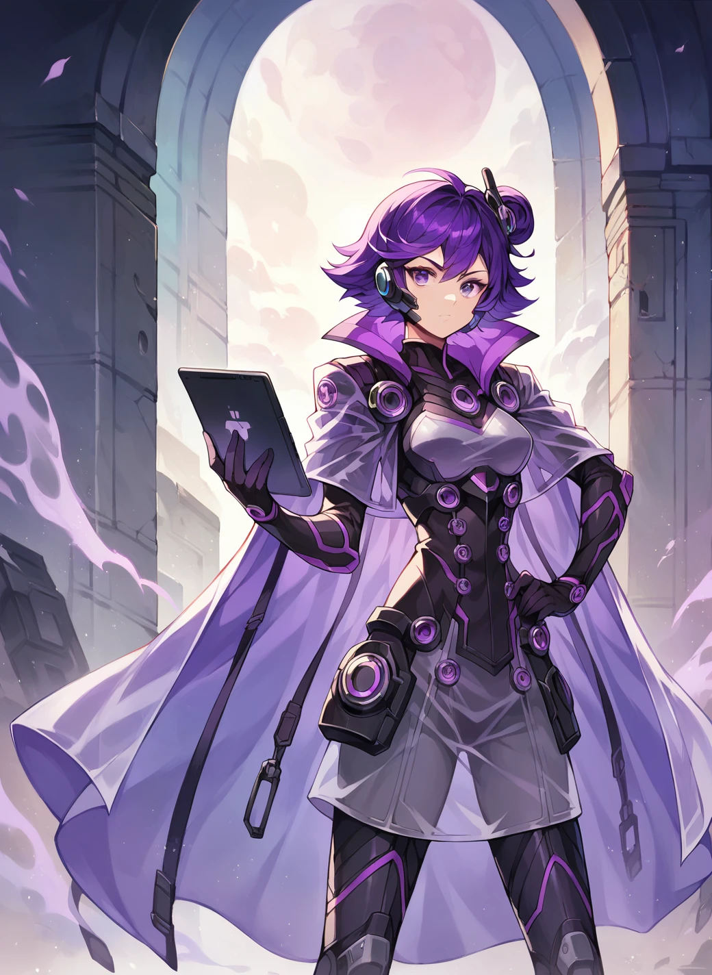 score_9, score_8_up, score_7_up, high quality, 1girlï¼solo, backup sceretary , purple hair, hand on hip, cape, short hair, gloves, see-through, standingï¼Hold. Tablet ï¼  .<lora:Backup sceretary:0.9> <lora:add-detail-xl:1>. Cyberspaceãfront view.