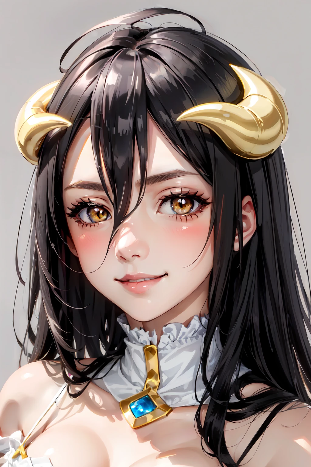 albedo, 1girl, solo, long hair, looking at viewer, blush, smile, hair between eyes, closed mouth, demon girl, slit pupils, demon horns, portrait, close-up, albedo (overlord), albedo \(overlord\), portrait, large breasts, pink lips, (chibi:1.5),  <lora:albedo-03:1>