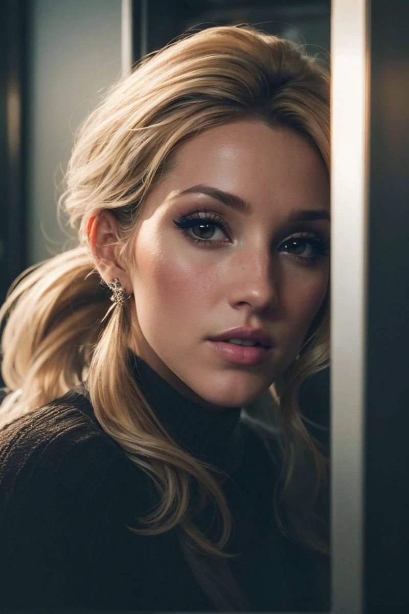 closeup headshot of S548_EllieGoulding,a beautiful woman,in an (elevator:1.1),wearing a (sweater),(ponytail),(4k, RAW photo, best quality, 50mm, depth of field, ultra high res:1.1),(intricate, photorealistic, cinematic-shot, masterpiece, ultra-detailed:1.1),