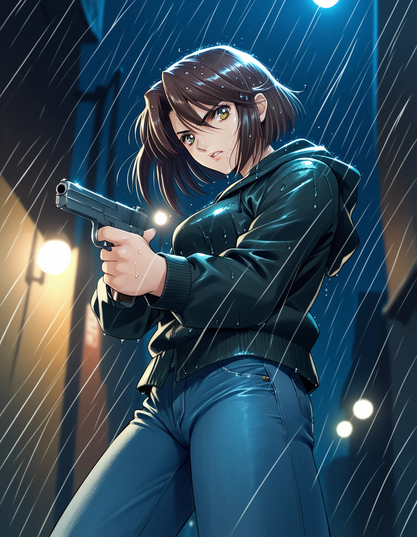 score_9,  score_8_up, score_7_up, <lora:peridot-voice-ponyxl-000022:0.8> atsuko, streetwear, jeans,
alley, rain, wet hair, wet clothes, looking at viewer, holding handgun, aiming at viewer, determined, aiming, from below, from side, night, bokeh, dutch angle