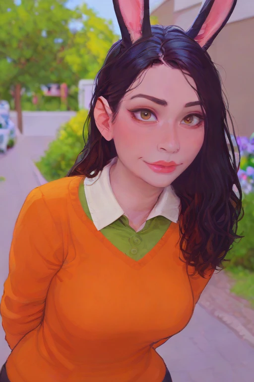 score_9,score_8_up,<lora:Turbo_XL:1>,
<lora:Hana_Bunny-03:1>,solo,hana_bunny,asian woman,brown eyes,makeup,eyeshadow,lips,black hair,long hair,light smile,pale skin,
upper body,outdoors,sweater over shirt,collared shirt,green shirt,POV,v-neck sweater,orange sweater,pose,arms behind back,tilted head on the side,leaning forward,rabbit ears, 
<lora:IncaseLycoXL:1>,