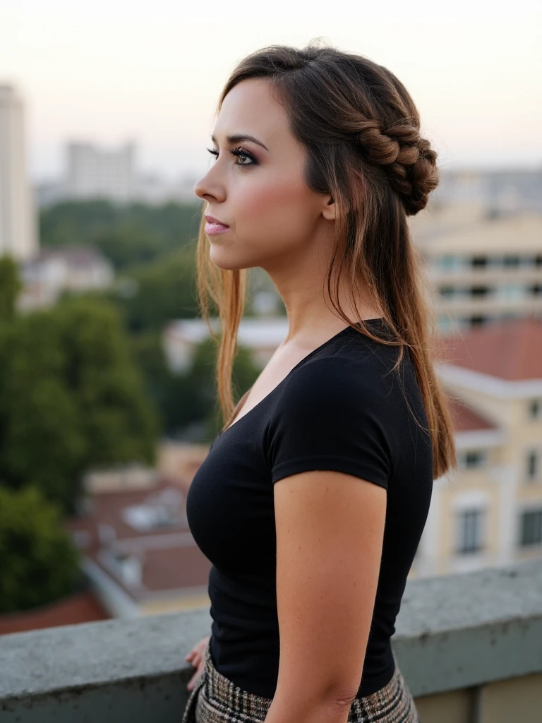 A portrait of a woman, captured in a candid moment. She is positioned against a backdrop of a cityscape, with buildings and trees visible in the distance. The woman's attire consists of a fitted, short-sleeved top and a plaid skirt. Her hair is styled in a side braid, and she gazes off to the side with a contemplative expression. The lighting suggests it might be either early morning or late afternoon, casting a soft glow on her face. The overall mood of the image is serene and introspective.