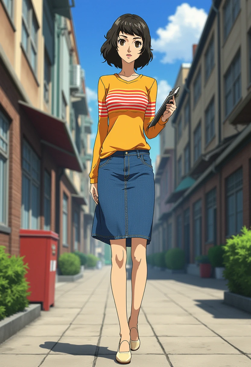 Anime style, sharp, high contrast and highly detailed. Ghibli anime style. Perfect anatomy. Perfect body ratio. No oversized head. No blurry, out of focus pictures. No simple background, no single color background.
sadayo_kawakami is in a casual yet professional outfit. She is dressed in a fitted, long-sleeved yellow top with horizontal stripes in various shades of orange, red, and white, giving it a warm and vibrant look. The top is tucked into a knee-length blue denim skirt, which has a simple and clean design with subtle stitching details. The character is holding a clipboard in one hand, adding to the professional appearance. She completes the look with cream-colored flat shoes, which add a comfortable touch to the overall outfit. The combination of colors and textures creates a balanced and approachable look.
Full body. In a school.
 <lora:Persona5_sadayo_kawakami_flux_1_2-000009:1>