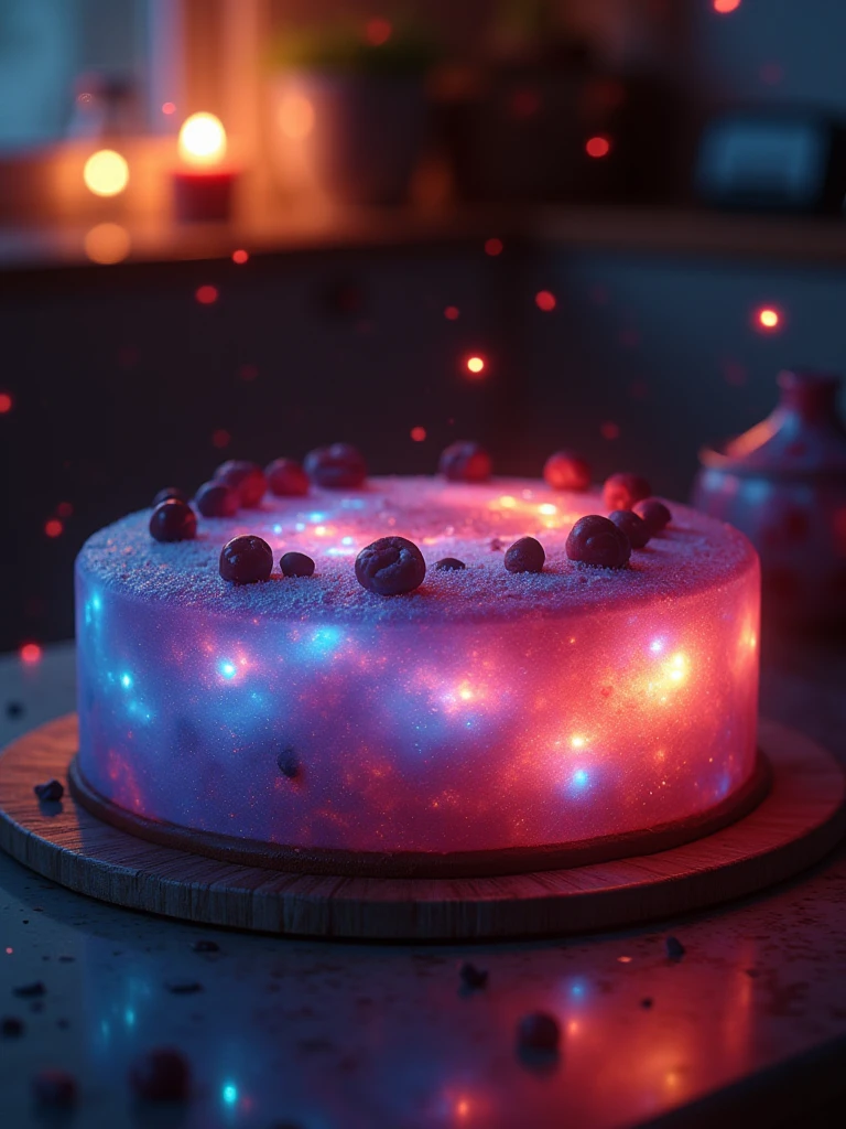 Delicious glowing galaxy cake on a dining table in the kitchen, comfortable light ,romantic light, ultra details ,photorealistic, realistic ,gel lighting, Cinematic, Filmic, medium shot, 4k, Front-light, Cinematic Lighting, volumetric Light, Ray Tracing Reflections, Chromatic Aberration, photography, hyper realistic, 4k, 8k,closeup