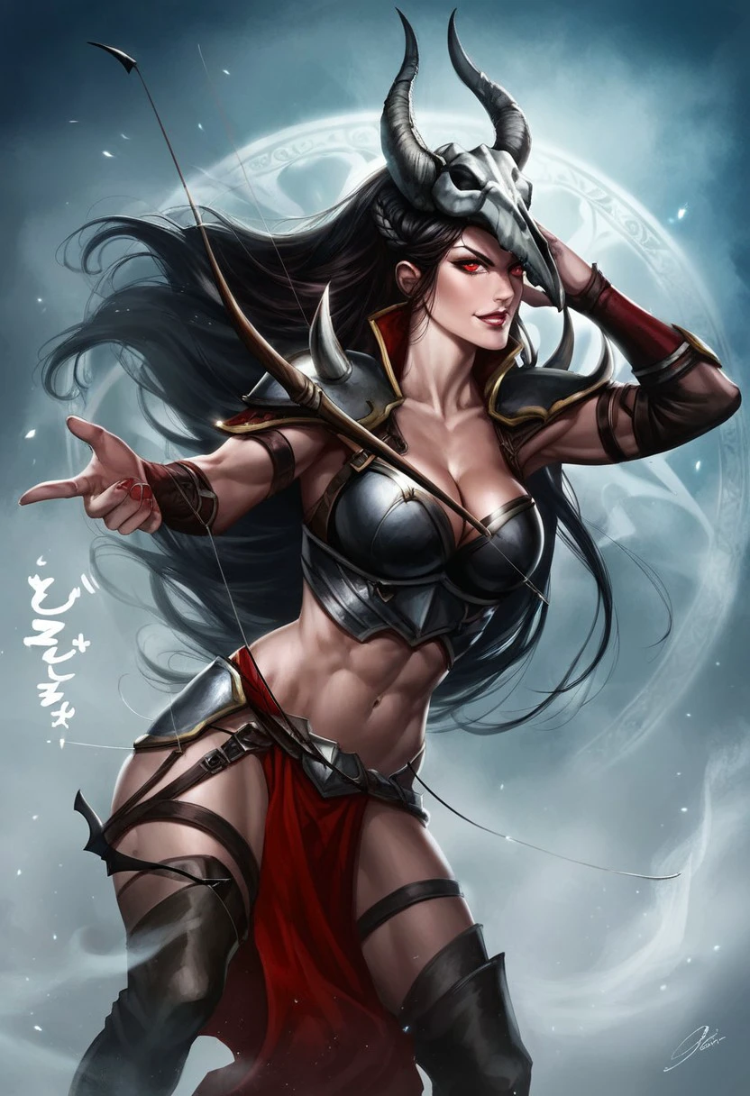 BloodRaven,1girl,solo,armor,horns,helmet,skull,skull helmet,large breast,weapon,bow (weapon),cleavage,red eyes,shoulder armor,colored skin,thighhighs,boots,long hair,black hair,pelvic curtain,breastplate,glowing eyes,shoulder spikes,horned helmet,fighting pose,fight scene,holding a bow,archery,archer,bow and arrows,
score_9, score_8_up, score_7_up, beautiful aesthetic, very intricate, high quality details,vibrant, highly detailed, award-winning, professional,anime artwork, anime style, studio anime, athletic, toned female,muscular milf,curvy body, athletic girl,fit girl,  round breasts, ,looking at viewer, pinup pose,teasing, dynamic lighting, cinematic, smug, better than you, aura of temptation, highly detailed, high resolution, masterpiece, detailed clother, detailed background, highly detailed, ((sound effects)) comic layout,