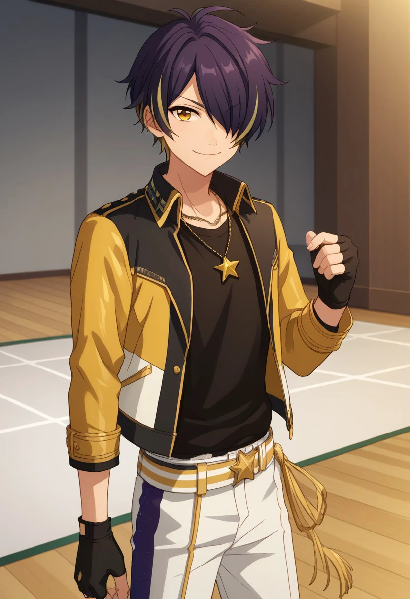 score_9, score_8_up, score_7_up, source_anime, highly detailed, 
shinobu, 1boy, male focus, solo, streaked hair, multicolored hair, purple hair, black hair, blonde hair, hair over one eye, yellow eyes, idol uniform, shirt, black shirt, jacket, cropped jacket, black jacket, yellow jacket, multicolored jacket, open jacket, necklace, gloves, black gloves, fingerless gloves, belt, yellow belt, star (symbol), pants, white pants, looking at viewer, determined, smile, closed mouth,
indoor, stage